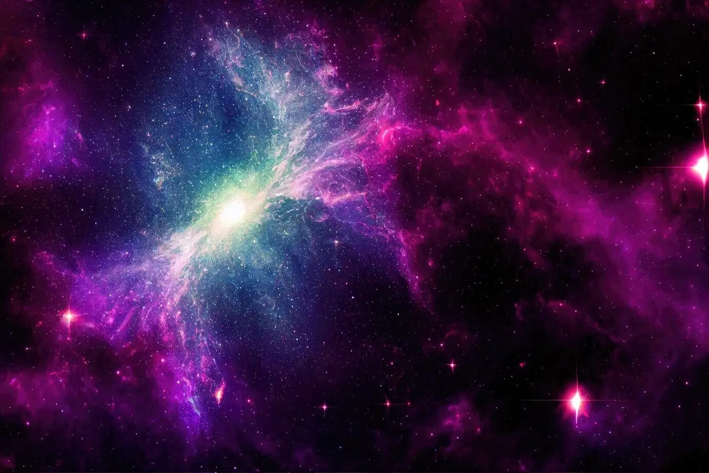 A realistic space background of a starry night cosmos with shining stars, the Milky Way, stardust, and a colored galaxy.